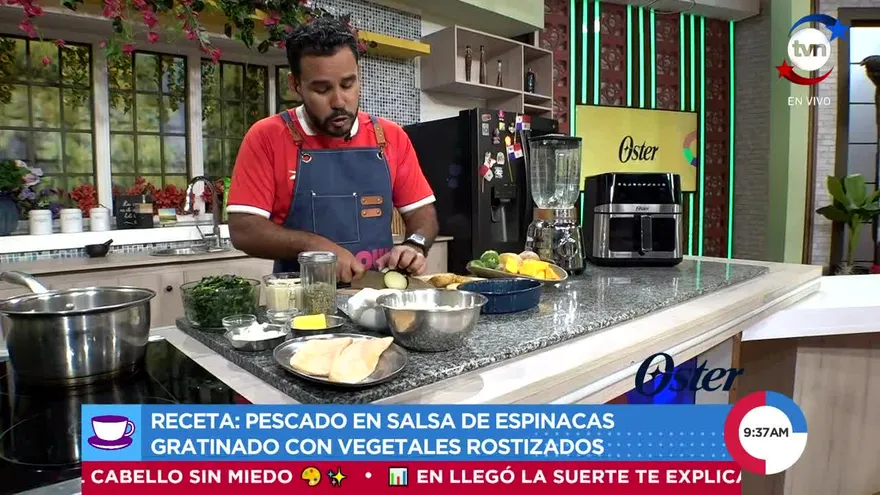 Delicioso Pescado en Salsa de Espinacas Gratinado con Vegetales Rostizados