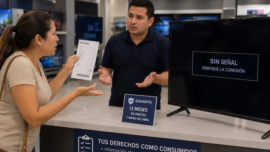 Una consumidora reclama a un agente comercial. Imagen con fines ilustrativos creada con inteligencia artificial, no corresponde a una imagen o persona real.