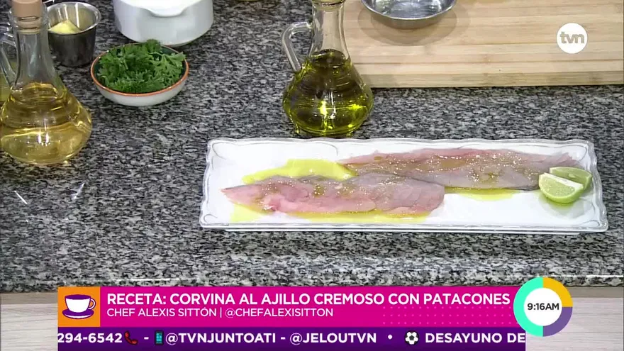 Corvina al Ajillo Cremoso y Huevos de Pescado Empanizados