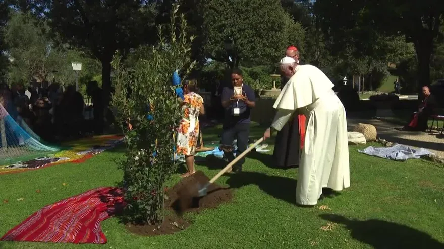 El papa planta un árbol en el Vaticano con indígenas de la Amazonía
