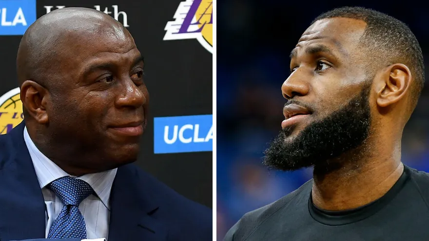 Magic Johnson (i) y LeBron James (d)