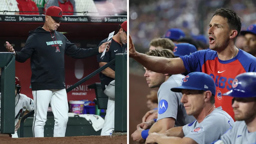 Jeff Banister (i) y Ryan Flaherty (d), coaches de banca de los Diamondbacks y los Cachorros, tienen una discusión a distancia