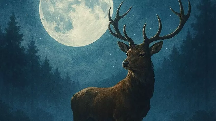 Foto ilustrativa que muestra a un ciervo y en lo alto del cielo la Luna