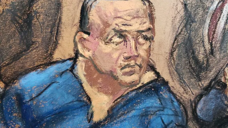 Reproducción fotográfica de un dibujo realizado por la artista Jane Rosenberg donde aparece César Sayoc.