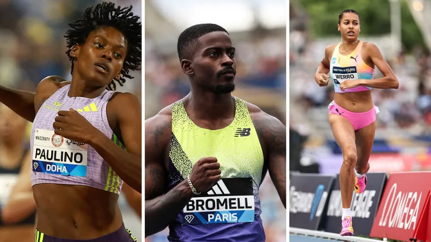 Marileidy Paulino (i), Trayvon Bromell (c) y Audrey Werro (d)