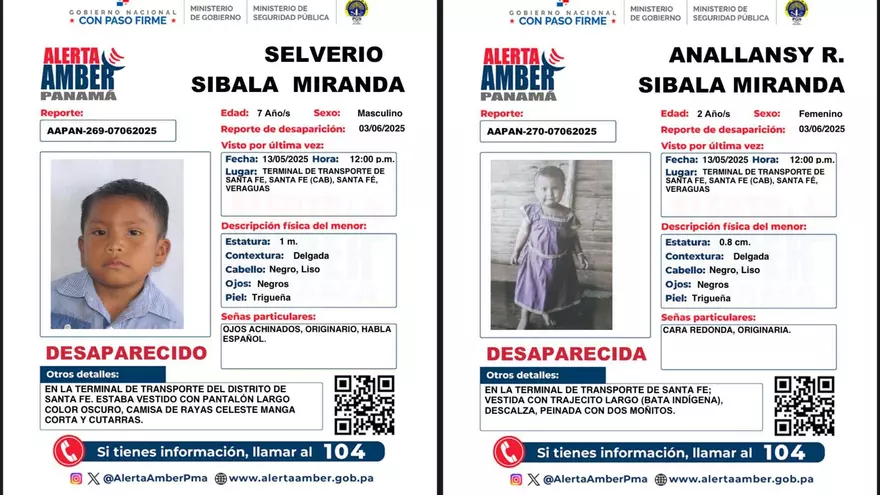 Los niños Selverio Silbala Miranda y Anallansy Rosilda Silbala Miranda, de 7 y 2 años respectivamente, quienes fueron vistos por última vez el 13 de mayo a las 12:00 p.m. en la Terminal de Transporte de Santa Fe ubicada en el corrimiento del mismo nombre en Veraguas.