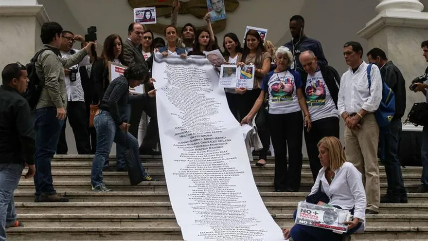 La esposa del dirigente opositor Leopoldo López, Lilian Tintori (c-arriba), despliega una pancarta con una lista de los más de 100 presos políticos en Caracas (Venezuela).