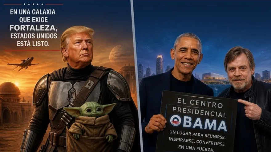 Foto generada con IA y que resume los mensajes alusivos a Star Wars Day enviados por Trump y Obama
