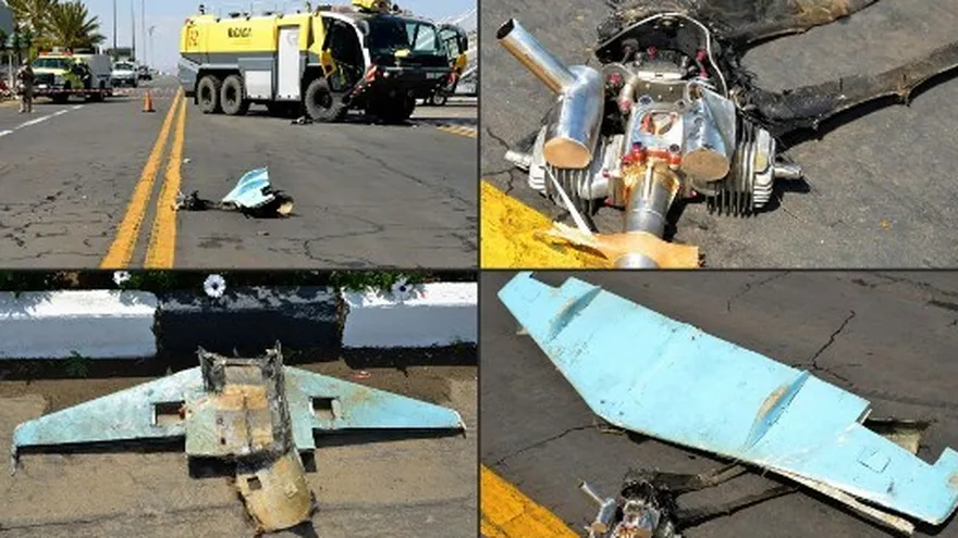 Foto combo que muestra varias imágenes del dron con el que se realizó el ataque