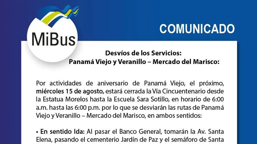 MiBus anuncia desvíos en Vía Cincuentenario por aniversario de la fundación de Ciudad de Panamá