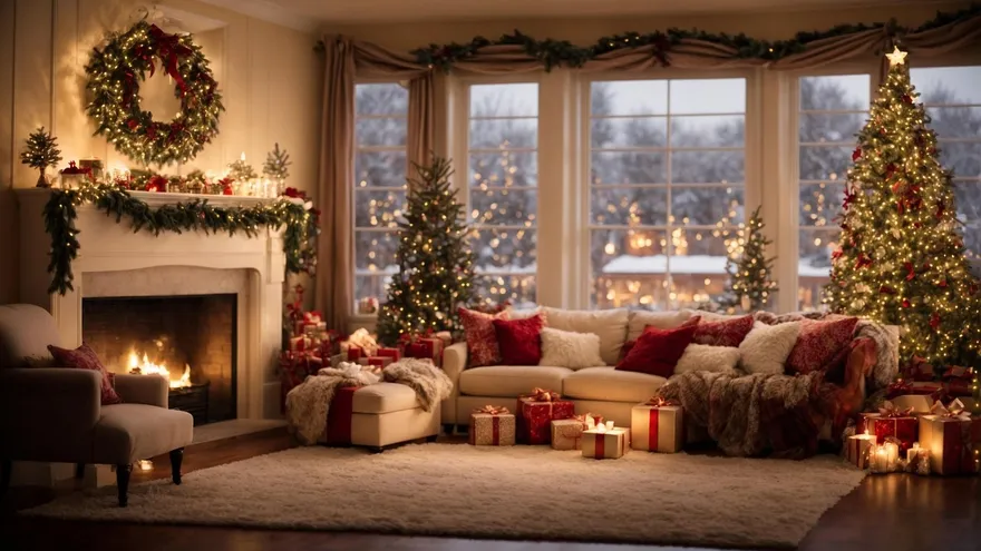 Un salón con diversos adornos navideños, entre ellos, el árbol y la corona