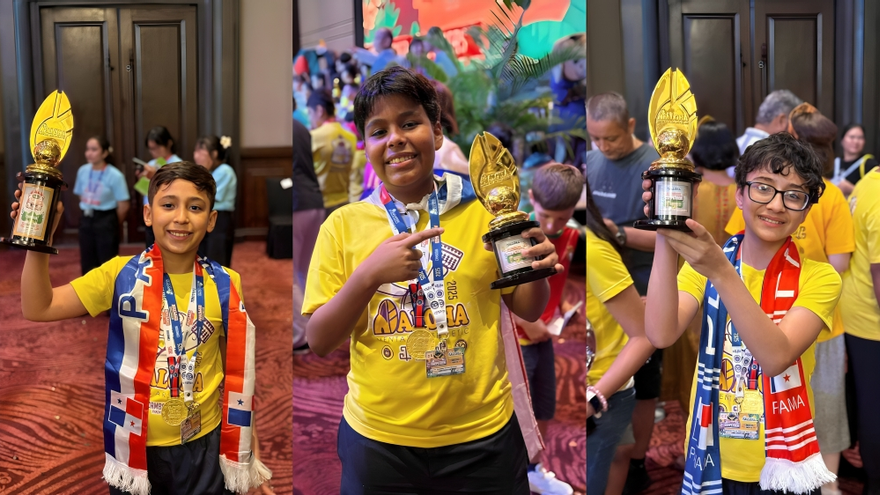 De izquierda a derecha: Stefano Russo, de 10 años; Kevin Powell, de 13 años; y Sebastián Villarreal, de 11 años. Todos ellos se coronaron campeones en sus respectivas categorías durante el Campeonato Internacional de Cálculo celebrado en Camboya.