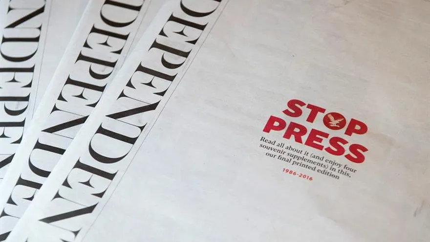 Bajo el título "Stop press 1986-2016" (¡Paren las rotativas!) y con 30 años de vida, The Independent colocó el 26 de marzo de 2016 en los quioscos su último diario impreso.
