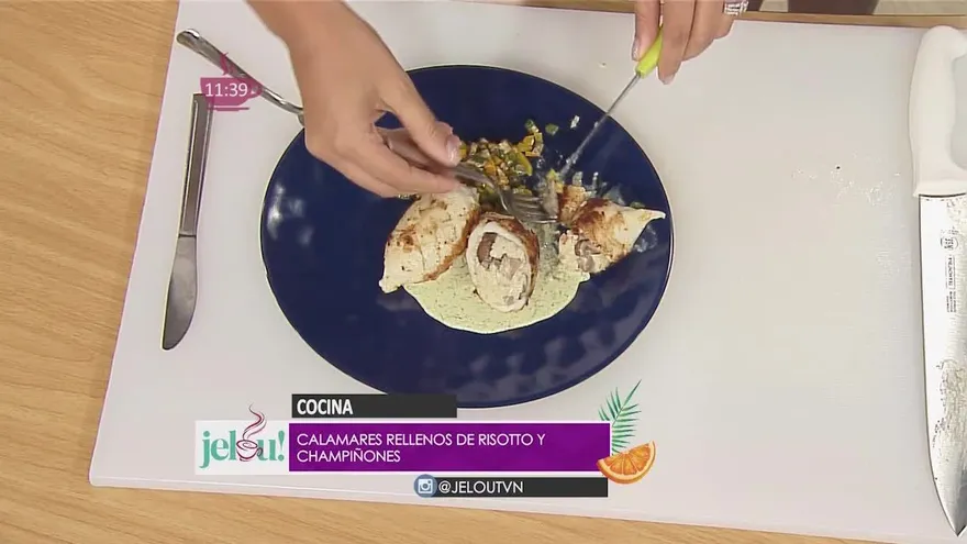 Calamares rellenos de risotto de champiñones y ratatouille