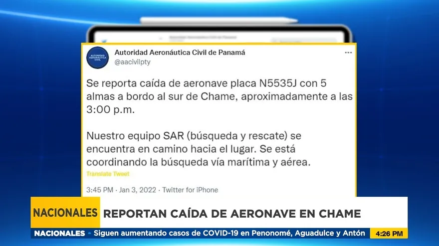 Reportan caída de aeronave en Chame