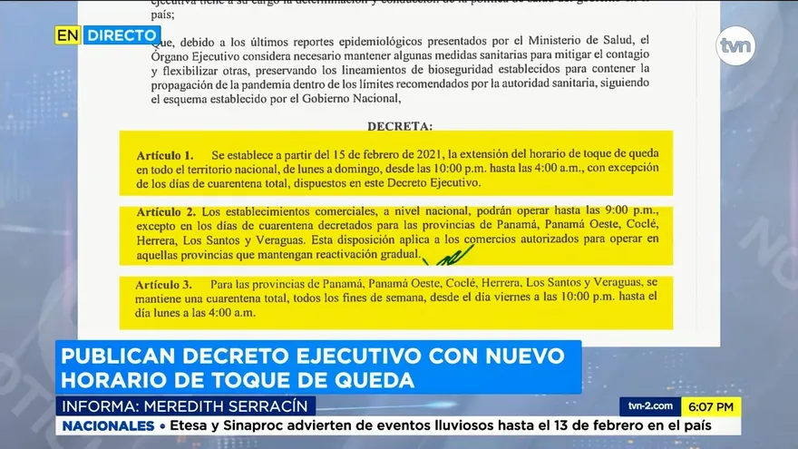 Publican decreto ejecutivo con nuevo horario de toque de queda