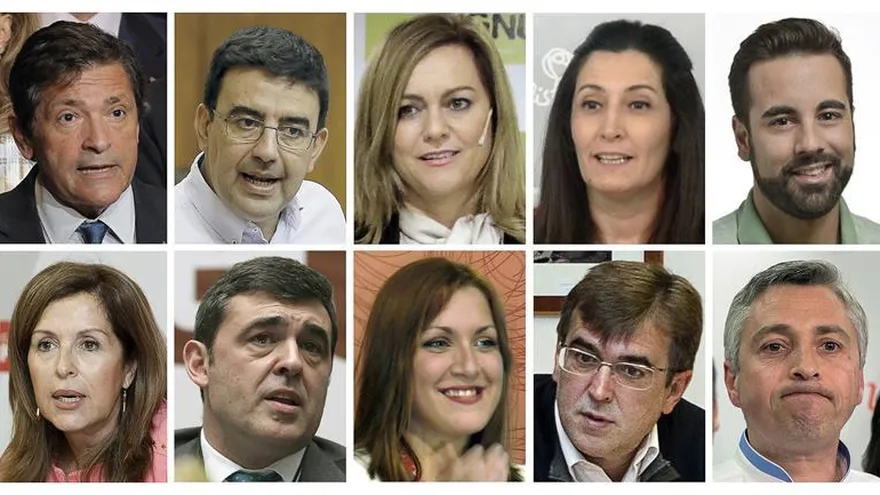 Los 16 miembros de la comisión gestora. De izquierda a dcha, arriba, el presidente, Javier Fernández (Asturias), y los vocales, Mario Jiménez Díaz (Andalucía), María Jesús Serrano Jiménez (Andalucía), Ascensión Godoy (Extremadura), José Enrique Muñoz Lladró (Valencia); y abajo, María Dolores Padrón Rodríguez (Canarias), Ricardo Cortés Lastra (Cantabria), Soraya Vega Prieto (Extremadura), Francesc Antich Oliver (Baleares), y Francisco Ocón Pascual (La Rioja).