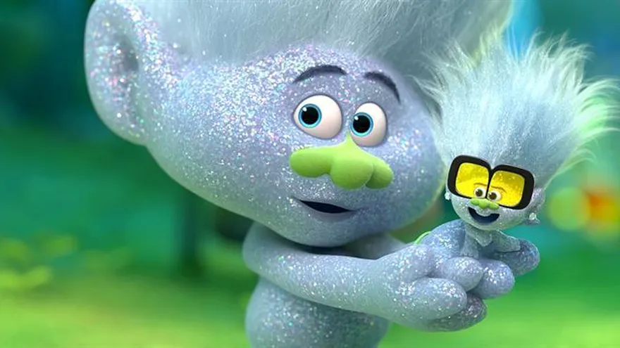 Fotograma cedido por Universal que muestra a los personajes Guy Diamond (Kunal Nayyar) y Tiny Diamond (Kenan Thompson), de la película "Trolls World Tour".