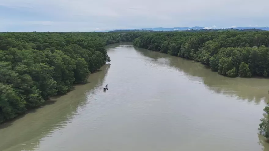 Una pequeña barca navega el río