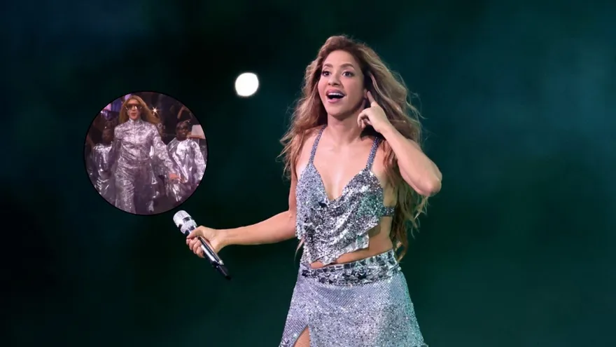 Foto archivo de Shakira y en una burbuja el momento de entrada al concierto en Newark junto a los Ghetto Kids