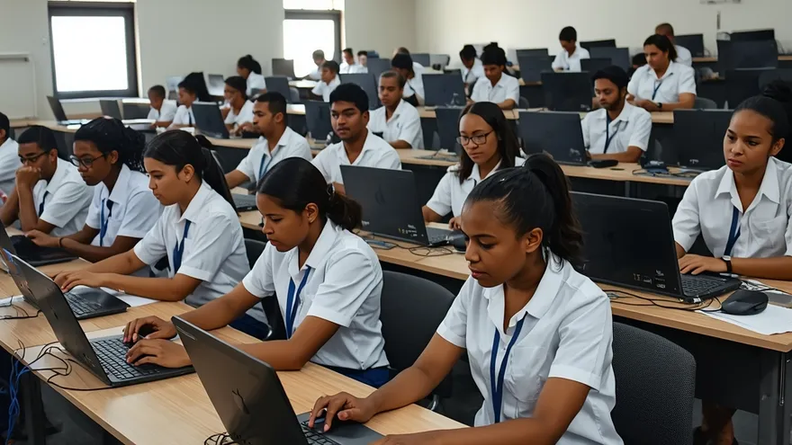 Estudiantes conectdos a internet en un salón de clases