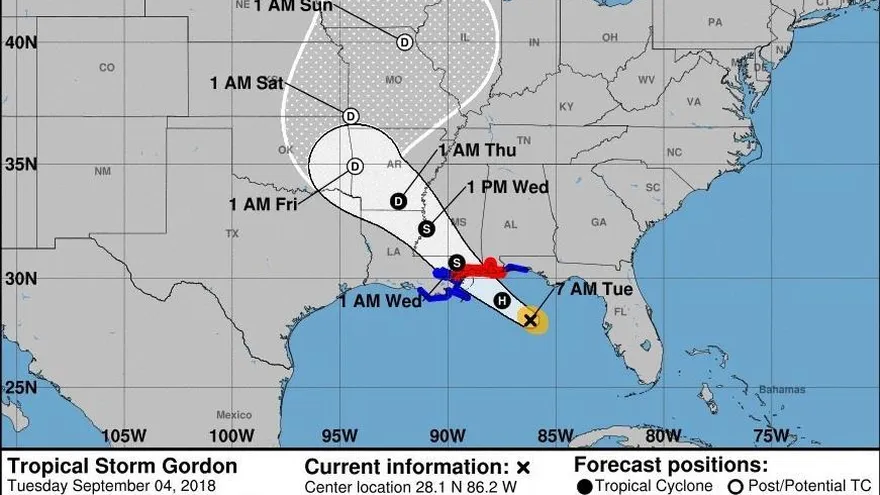 Imagen cedida este martes por el Centro Nacional de Huracanes (NHC) que muestra el pronóstico de cinco días del paso de la tormenta tropical Gordon por el Golfo de México