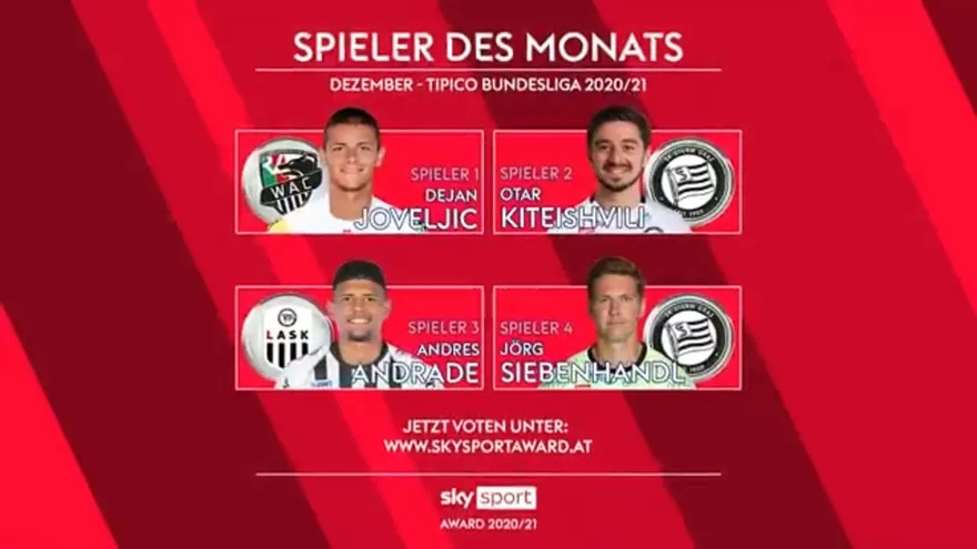 Andrés Andrade elegido el mejor jugador del mes de diciembre en la Bundesliga de Austria
