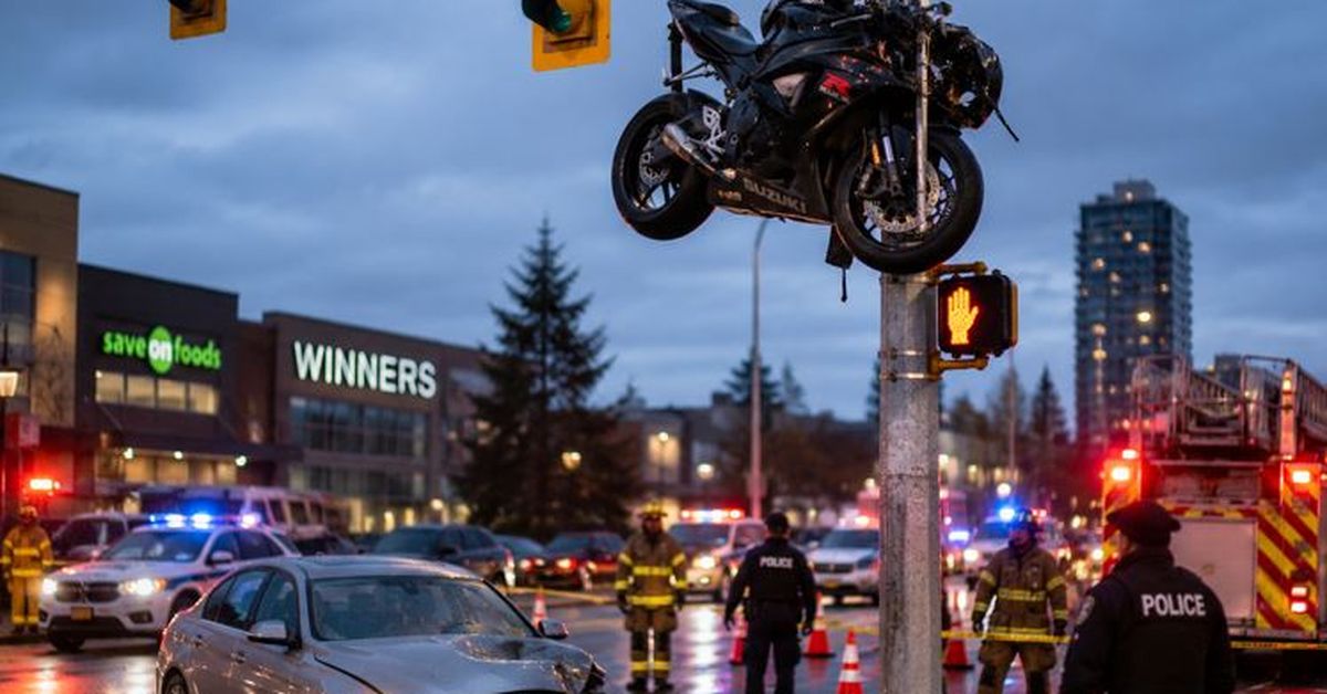 Accidente impactante: motocicleta quedó suspendida en un semáforo tras brutal choque