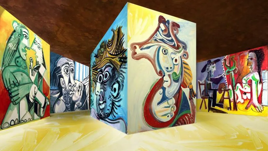 Fotografía facilitada por el centro artístico Carrières de Lumières, de las imágenes de la exposición "Picasso y los maestros españoles" proyectadas en las paredes y suelos de roca de esta galería, una antigua cantera de roca del pueblo de Baux-de-Provence (sureste de Francia) que organiza exposiciones de arte inmersivas.